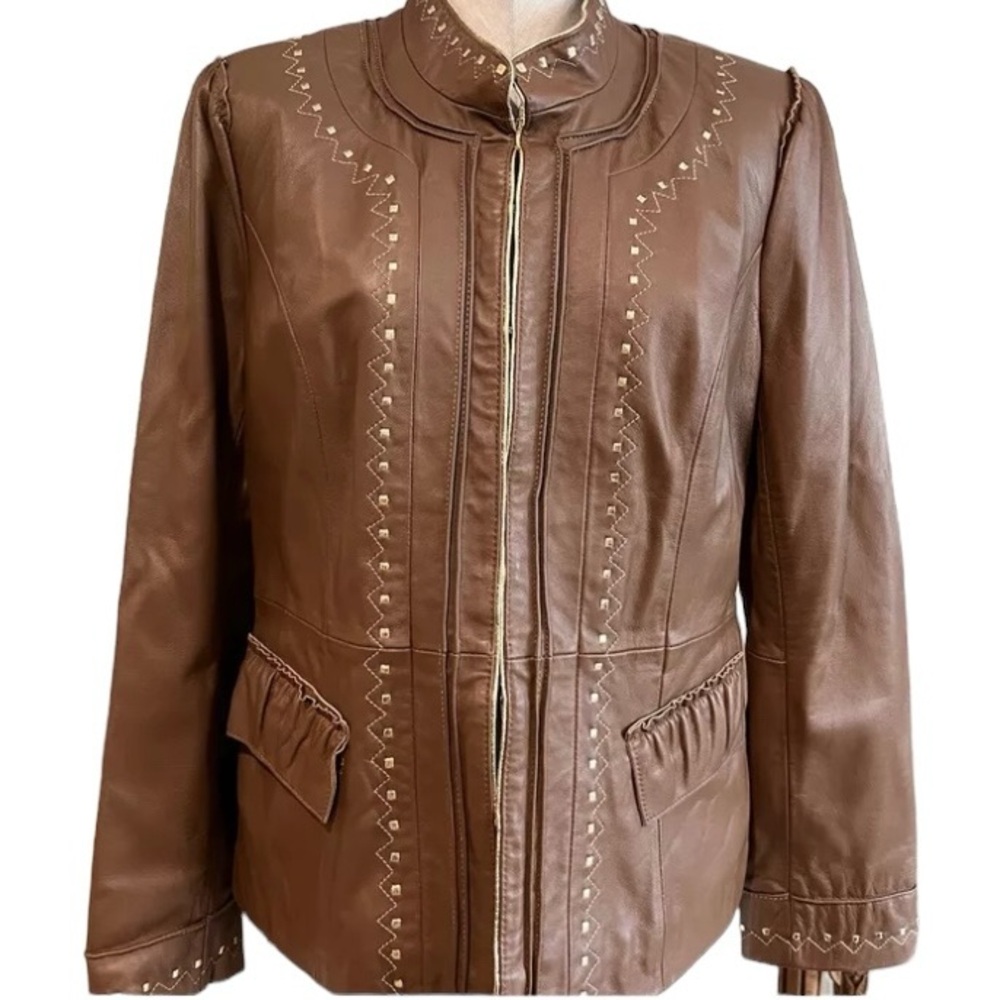 NWOT Pamela McCoy Brown Leather Gold Embroidered Hook Front Jacket